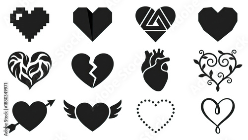 Diverse Black Heart Icon Set, Vector Collection with Pixelated, Geometric, Broken, and Floral Designs, Isolated