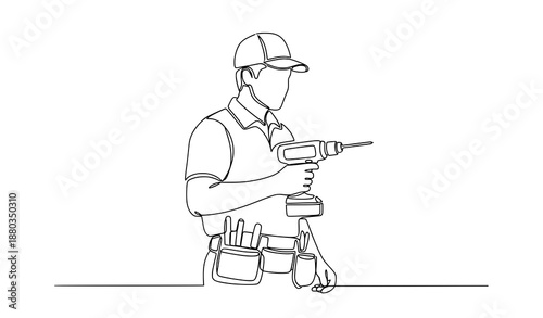 Minimal continuous line handyman with drill vector illustration service concept