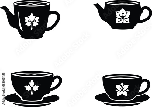 Set of elegant black tea cup and teapot icons with floral leaf patterns isolated on white background flat vector illustration for cafe menu.