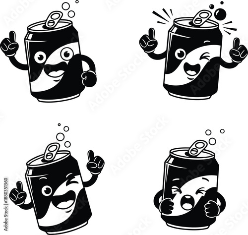 Set of cute soda pop can mascot characters with happy faces and fizzy bubbles black and white vector illustration for coloring book.