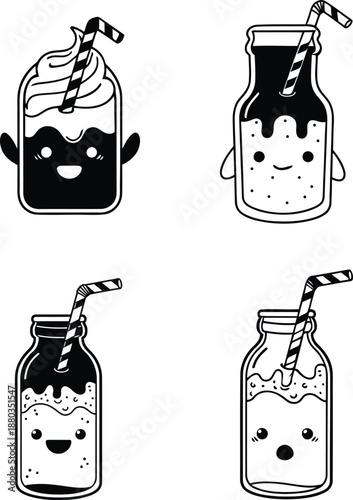 Cute boba milk tea and chocolate smoothie mascot characters in glass jars with whipped cream and striped straws black and white vector illustration set.