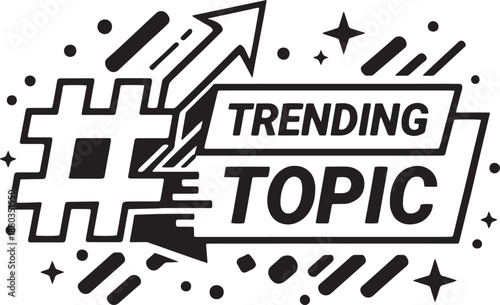Trending Topic Hashtag Banner with Arrow, Bold Typography, Black and White Social Media Vector Design