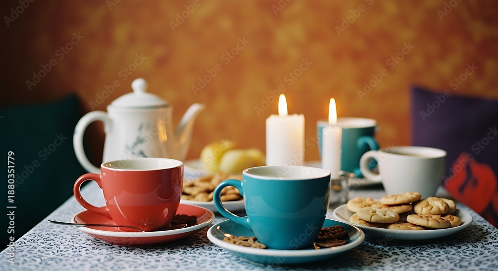 Fototapeta premium Colorful Coffee Cups and Cookies on Elegant Table with Candles in Cozy Kitchen
