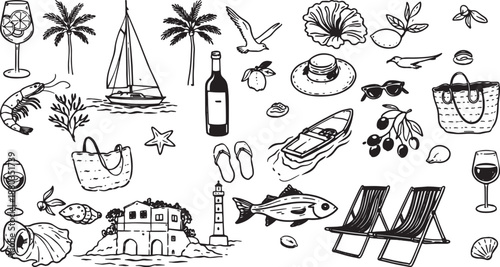 Summer Beach Vacation Icons Set with Sea, Travel, Food, Nature and Leisure Elements Line Art