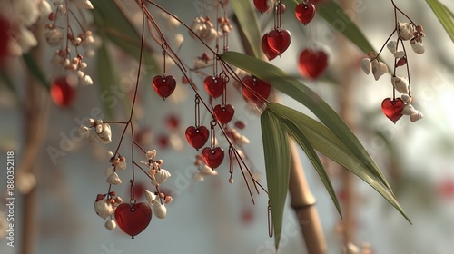 Valentine's day. valentine heart decoration day in tropical concept with red glass ornament and delicate white flower branch hanging near green bamboo leaf creating romantic mood