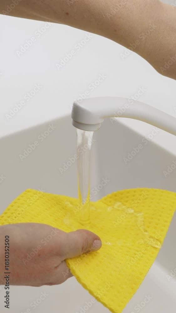 custom made wallpaper toronto digitalWoman washing yellow rag in water in acrylic built in sink at white kitchen. Cleaning process. Closeup. Vertical footage