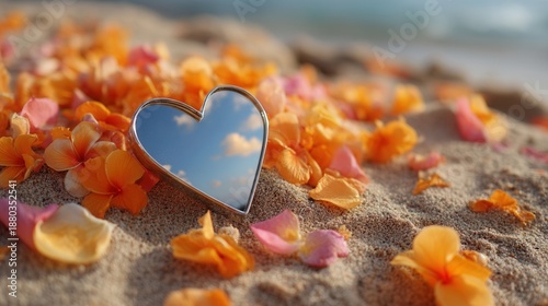 Valentine's day. valentine day in tropical concept heart mirror beach sand flower sunset sky reflection romance tranquil dreamy mood