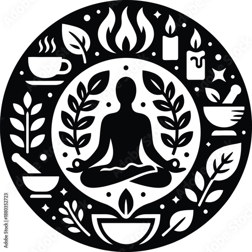 Round wellness concept vector illustration featuring yoga meditation figure surrounded by herbal spa icons in black circle badge.