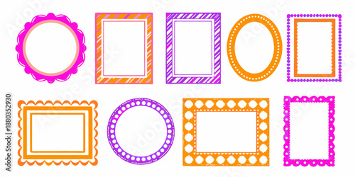 a collection of colorful picture frames with various designs and shapes