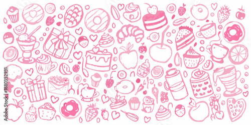 a pink line drawing of various desserts and fruits on a white background