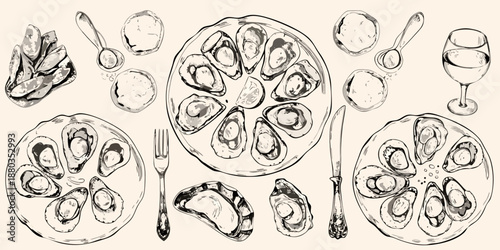 A vintage style illustration of oysters with cutlery and glassware