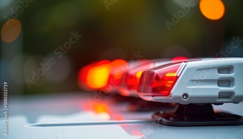 Abstract government emergency response concept with blurred siren lights, calm red bokeh and professional tone, suitable for public policy, safety communication, high resolution stock.