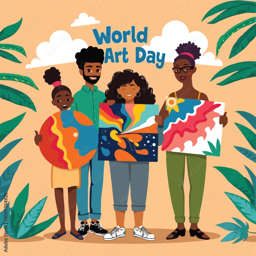 Obraz premium Celebrating world art day with diverse people and colorful paintings happily