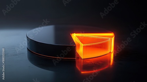 Modern geometric pie chart with glowing orange segment on dark reflective surface showcasing data analysis and visual representation concept