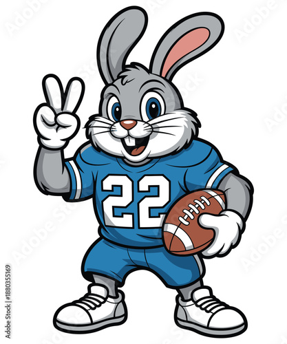 Cartoon rabbit wearing a football uniform holding a football and giving peace sign