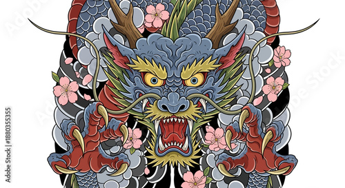 Intricate traditional Asian dragon tattoo design featuring fierce expression and floral accents