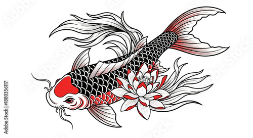Elegant koi fish illustration with lotus flower and flowing fins in traditional tattoo style