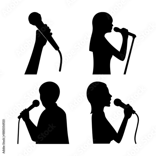 Diverse silhouette collection showcasing individuals and a hand holding microphones for vocal performance