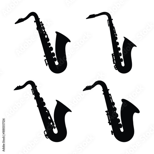 Four sleek black saxophone silhouettes arranged artistically on a pure white background