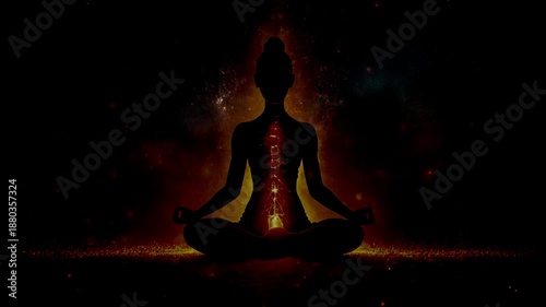 Seated Silhouette Yogi in Lotus Pose: Glowing Red Root Chakra Awakening for Sanatan Dhyan