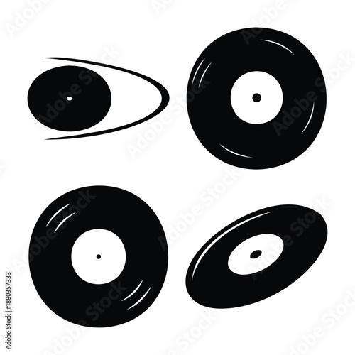 Retro vinyl record set: a collection of vintage music discs and an eye icon