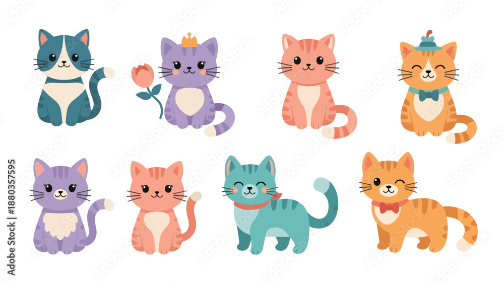 Obraz premium Adorable flat vector cartoon cats collection, isolated on white background