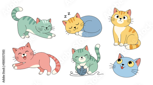 Cute cat cartoon style, colorful cats set in various poses, isolated on white background