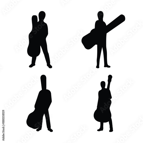 Silhouettes of musicians carrying various string instruments in different poses