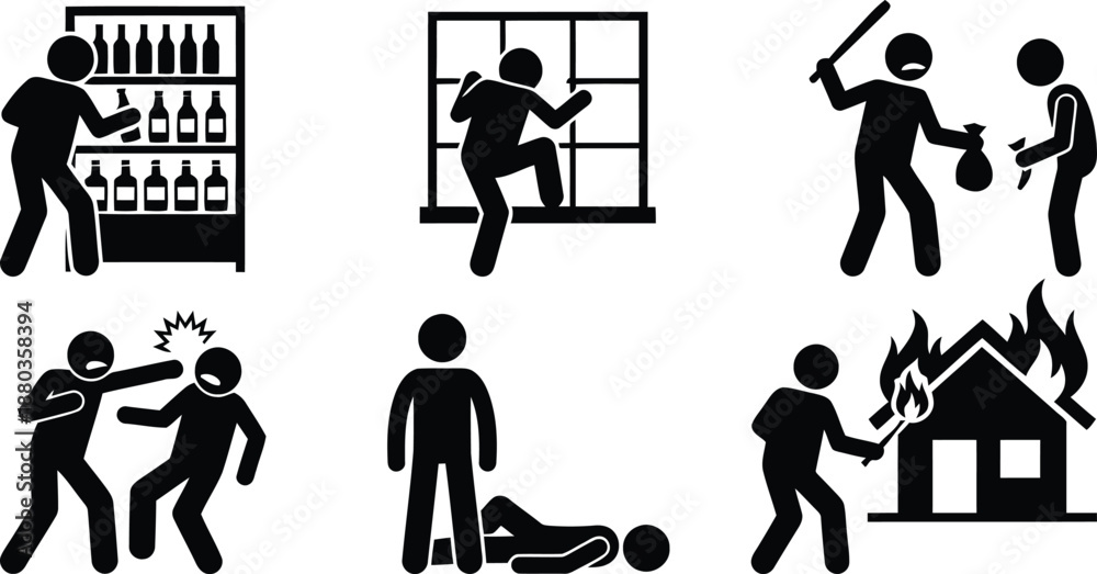 Αυτοκόλλητο Stick figure illustrations showing criminal acts including theft, assault, and a