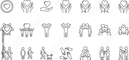 Charity care and social support line icon set people helping love community flat vector illustration isolated