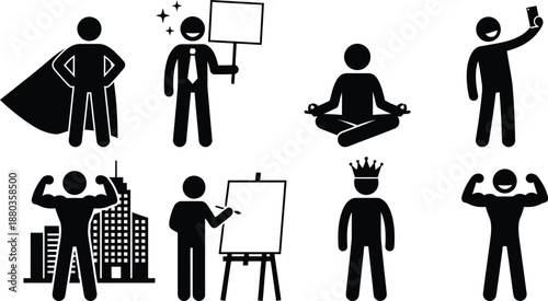 Diverse human attributes and roles depicted through stick figures: a visual representation of various actions and characteristics