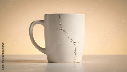 Cracked ceramic coffee mug repaired with stitched seam minimalist studio render concept of mending resilience sustainability repair culture and second chance design