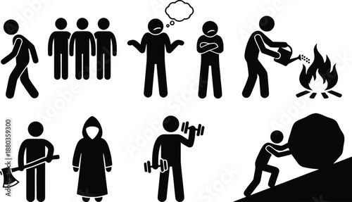 Diverse human activities, emotions, and challenges depicted in simple stick figure icons