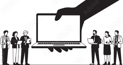 Gigantic laptop held by a huge hand towering over small silhouettes of a business team suggesting large digital impact