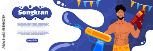 Songkran banner with muscular man holding water gun celebration