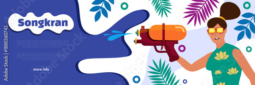 Happy girl playing water gun at songkran festival with tropical leaves background