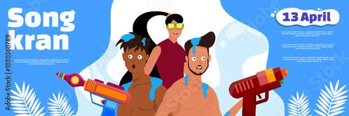 Diverse group of people celebrating songkran water festival under the bright sun