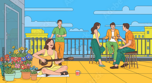 Friends socializing on a rooftop patio with guitar