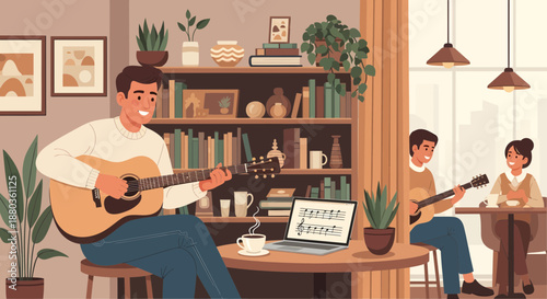 Man playing guitar with friends in cozy coffee shop