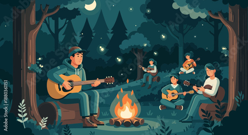 Musical Friends Gather Around Campfire in Forest