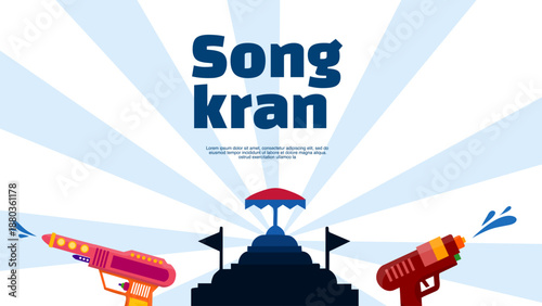 Songkran festival banner with temple silhouette water guns and splashing water effects