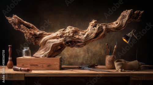 Still life of a natural driftwood sculpture on a rustic wooden workbench with artisan tools.