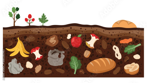 A cross-section of soil showing organic waste like fruit peels and bread decomposing into rich compost with plants growing above.
