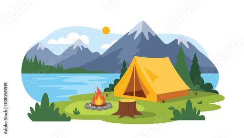 A cozy camping scene with a yellow tent, a crackling campfire, and a beautiful mountain and lake landscape in the background.