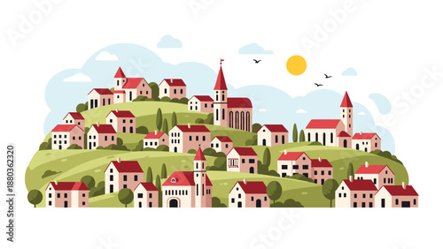 A picturesque European village with red-roofed houses and churches situated on a rolling green hill under a sunny sky.