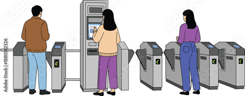 Illustration of commuters using subway turnstiles and ticket vending machine at metro station public transport access system