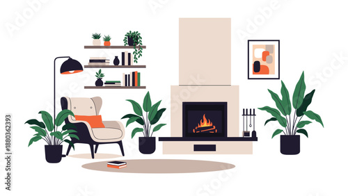 A cozy and stylish living room interior with a fireplace, a comfortable armchair, bookshelves, and numerous green houseplants.