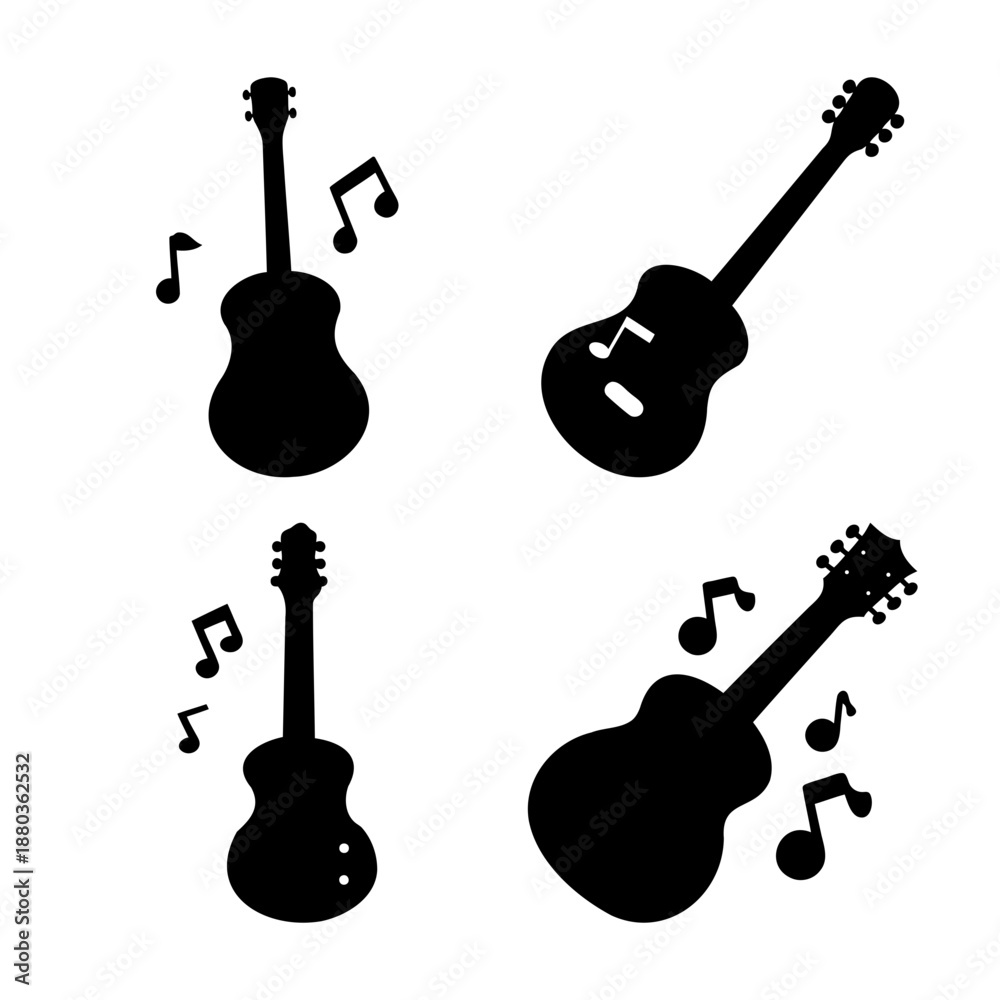 Fototapeta premium A collection of black acoustic guitar silhouettes accompanied by musical notes