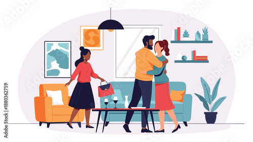 A woman discovers her partner cheating as he embraces another woman in their living room, illustrating infidelity and betrayal.