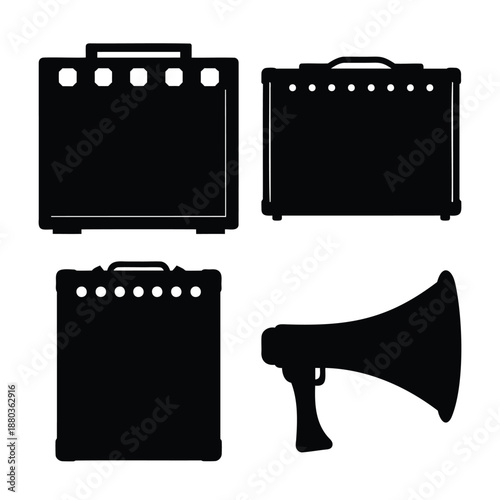 Collection of musical instrument amplifiers and a megaphone silhouette vector icon set